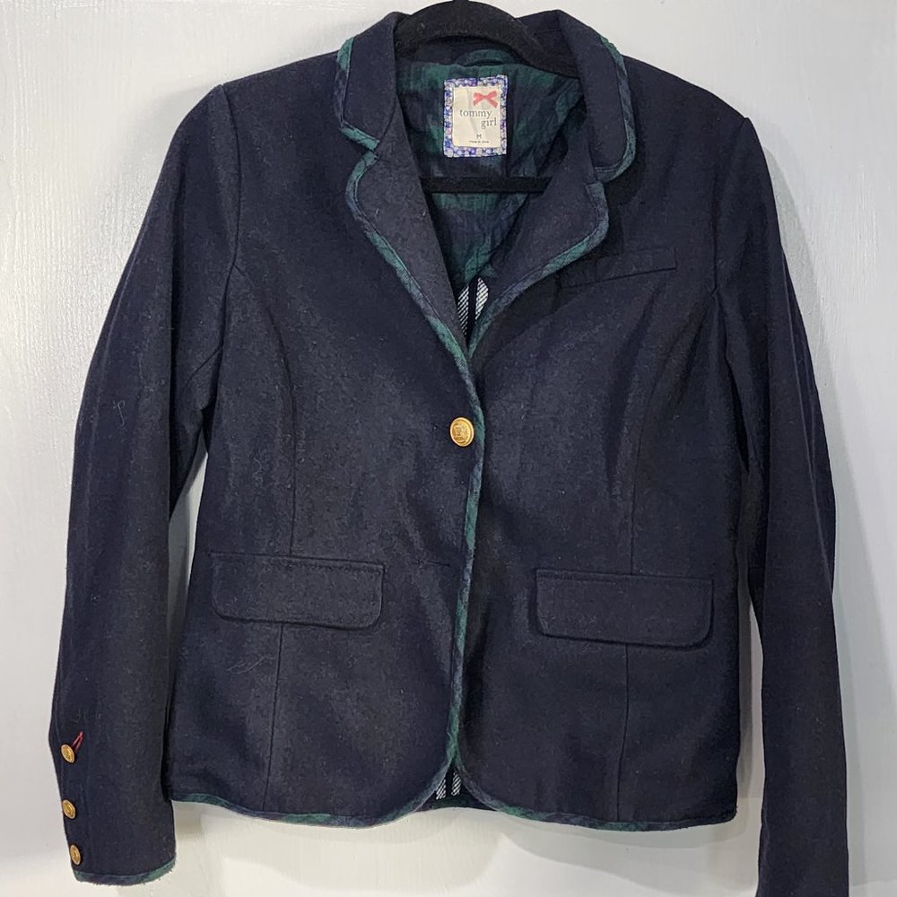 Tommy Girl Navy Blazer with Gold Buttons and Tartan Piping Size Medium